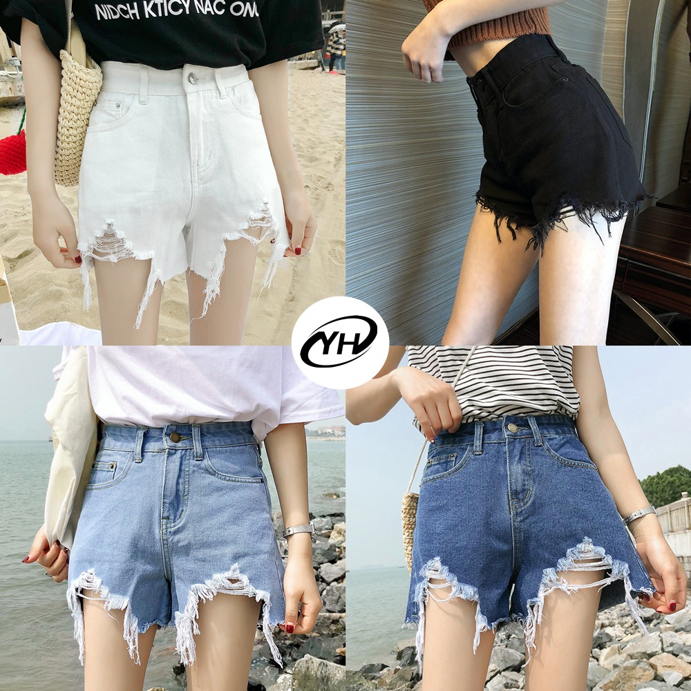 💥YH#8630💥มีไซส์ S-2XL💥กางเกงยีนส์แฟนชั่น ขาสั้น เอวสูง ปลายขาดเก๋ๆ สไตล์เกาหลี