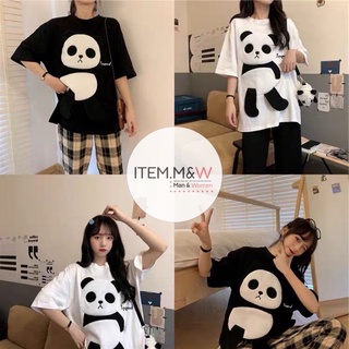 (สินค้าใหม่) พร้อมส่ง🐼เสื้อยืดผ้านิ่ม Oversize แต่งหมีแพนด้า🐼ขนปุย น่ารัก มี 2 สี ขาว/ดำ