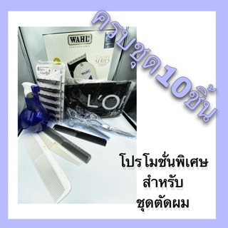 ชุด อุปกรณ์ ตัดผม ครบชุด 10 ชิ้น ปัตตาเลี่ยน wahl กรรไกรตัดผม กรรไกรซอยผม กิ๊บ หวี ผ้าคลุมซอย