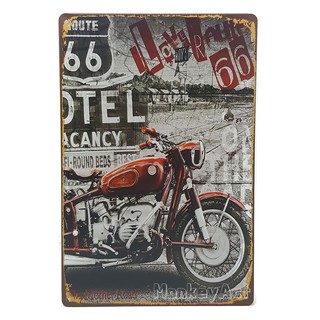 ป้ายสังกะสีวินเทจ Route 66 with Red Motorcycle