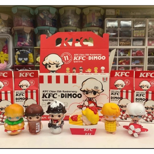 【ของแท้】POPMART Kfc x Dimoo ชุดกล่องสุ่ม ฟิกเกอร์ตุ๊กตาฟิกเกอร์ 6 แบบ