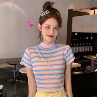 เสื้อแขนสั้น ลายทาง ไหมพรม
