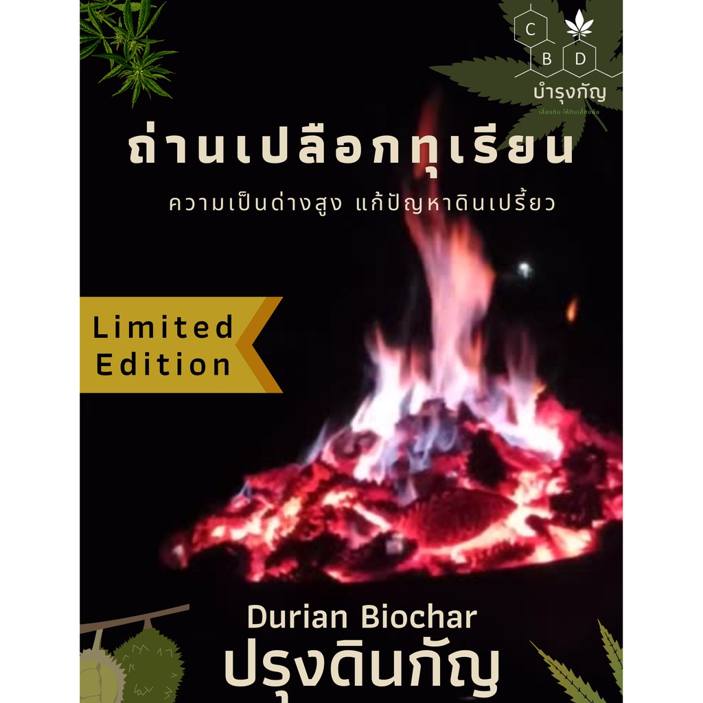 บำรุงกัญ ถ่านชีวภาพ Biochar Limited Edition เผาจากเปลือกทุเรียน รูพรุนสูง เติมเชื้อแล้ว (Charge) ด้วยจุลินทรีย์หน่อกล้วย