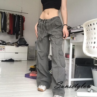 S-G❥VINTAGE Y2K ผู้หญิง DENIM กระเป๋าเอวต่ำล้างกางเกงตรงหลวมกางเกงลำลอง Streetwear