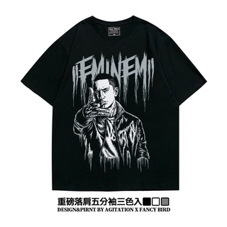 เสื้อยืดโอเวอร์ไซส์♀✑American hip-hop rap inseminem Eminem off-shoulder five-point sleeves heavy oversize short-sleeved