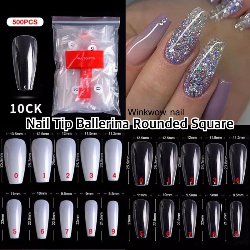 10 # บัลเลท์ยาวกลาง เล็บปลอม เล็บพีวีซี ขนาดยาวกลาง Nail Tip Ballerina Rounded Square