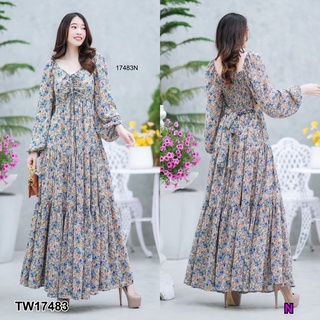 SS17483 แม็กซี่เดรส คอวี แขนยาว อกเสริมฟองน้ำ พิมพ์ลายดอกไม้ Maxi dress, V-neck, long sleeves, padded bust floral print