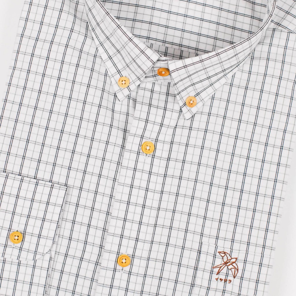 (NO XL) ISSARA Original เสื้อเชิ้ตชาย ปกกระดุม ทรงสลิม ตารางดำ origami swallow - รูปที่ 3