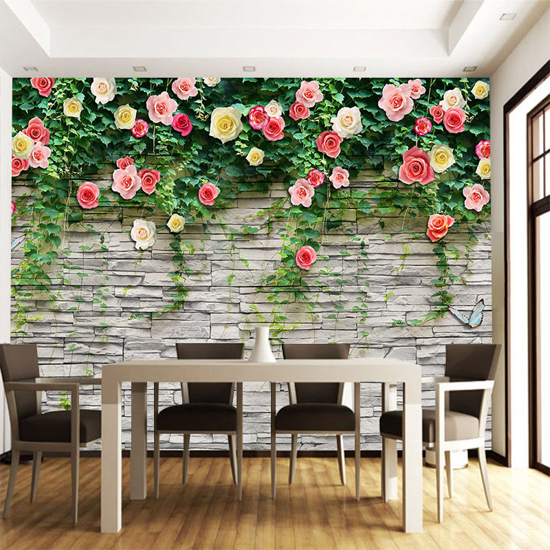 ทบทวน3d立體薔薇花壁紙牆面裝飾綠植物家用餐廳花店美容院前台背景牆紙 Good Quality