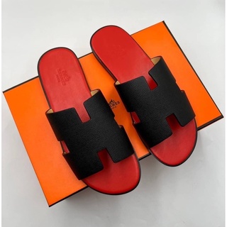 รองเท้าHermès Izmir Sandal Black Red รองเท้าแตะแบบสวม หนังแท้