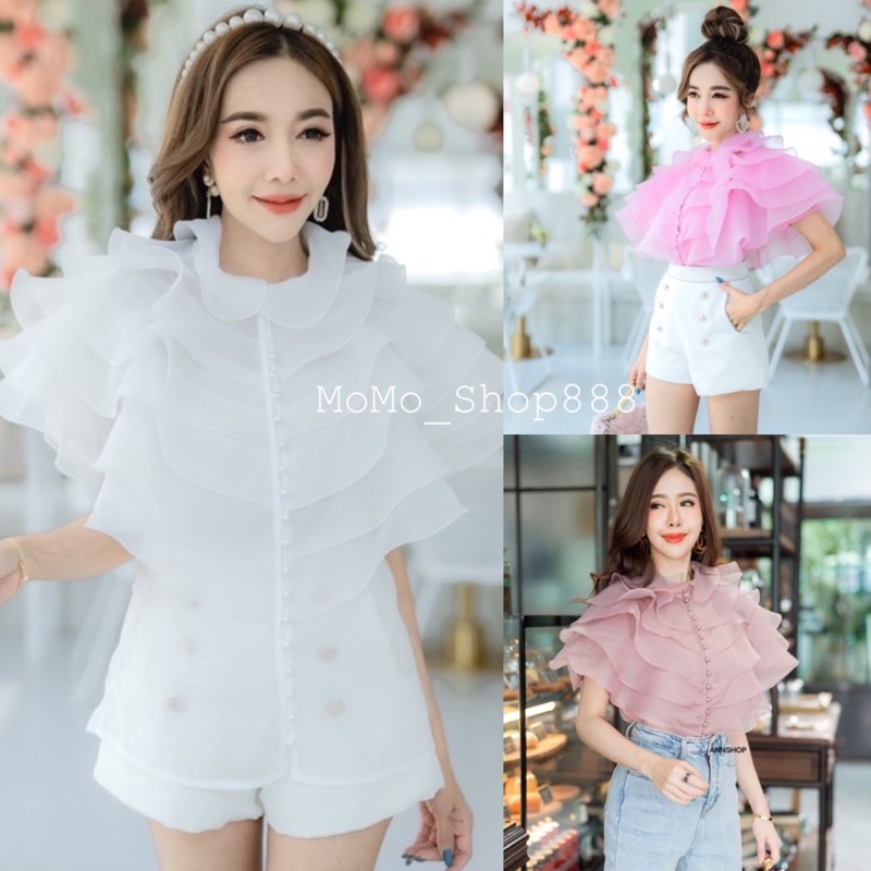 พร้อมส่ง งานตรงปกเสื้อเชิ้ตออกงานแต่งอกอลังระบายผ้าแก้ว เสื้อฟรุ้งฟริ้งผ้าแก้วเกาหลี