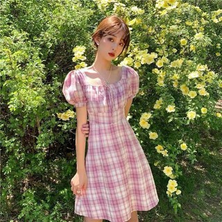 B01 เดรสลายสก็อตสีชมพูอมม่วง งานนำเข้าตรงปก ขนาดฟรีไซส์ อก 32 - 34 เอว 26-28 ส่งไวส่งจริงโดย J&amp;T มีบริการเก็บเงินปลายทาง