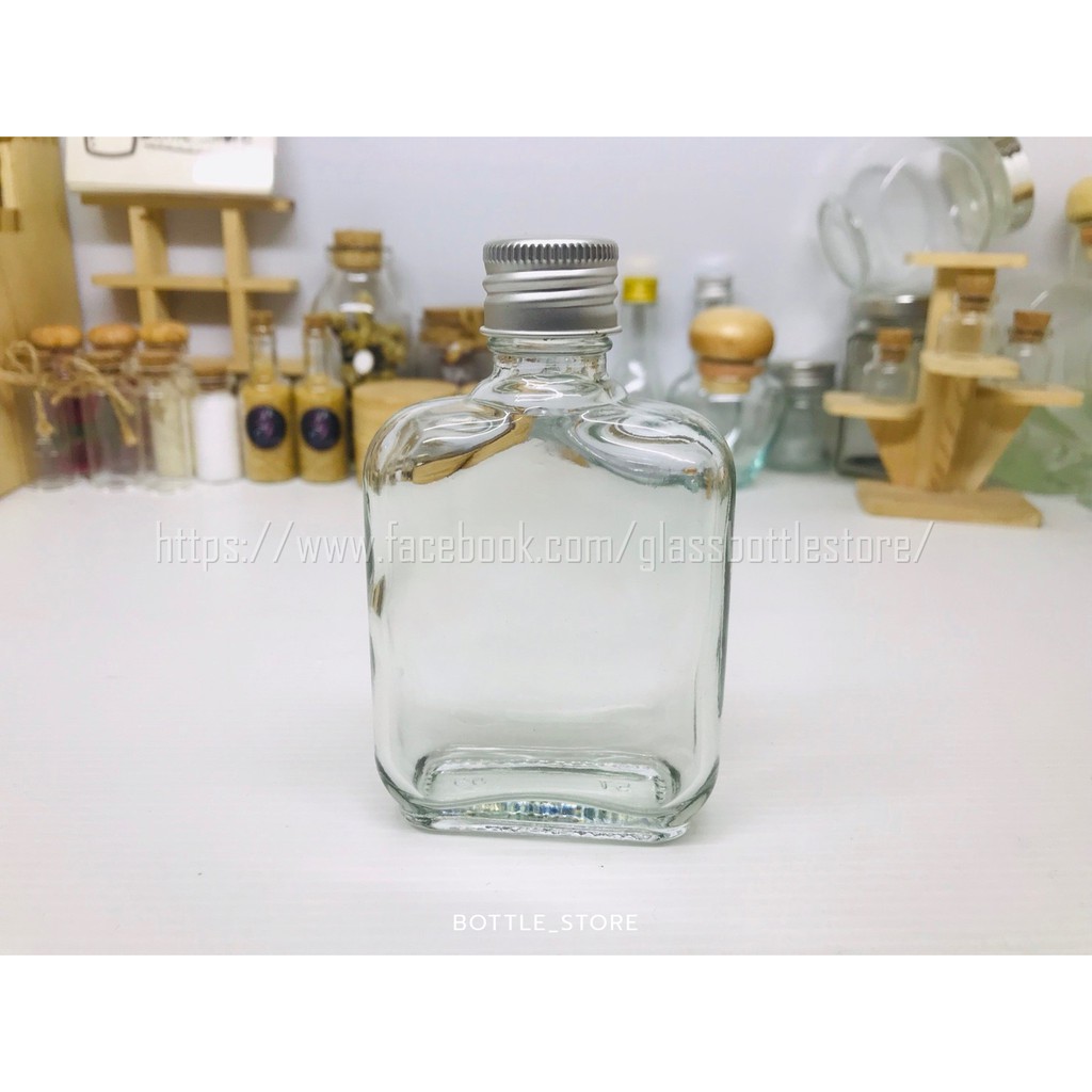 ขวดแก้ว แบน 85ml ฝาเกลียวมีเนียมสีเงิน