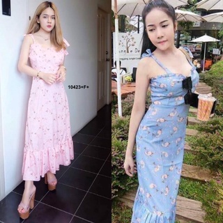 SK10423 Dress เดรสยาว ผ้าวูลพีช พิมดอกไม้ ดีเทลไหล่ผูกโบว์ มีซิปหลัง ชายเดรสแต่งระบายรอบๆ พร้อมส่ง