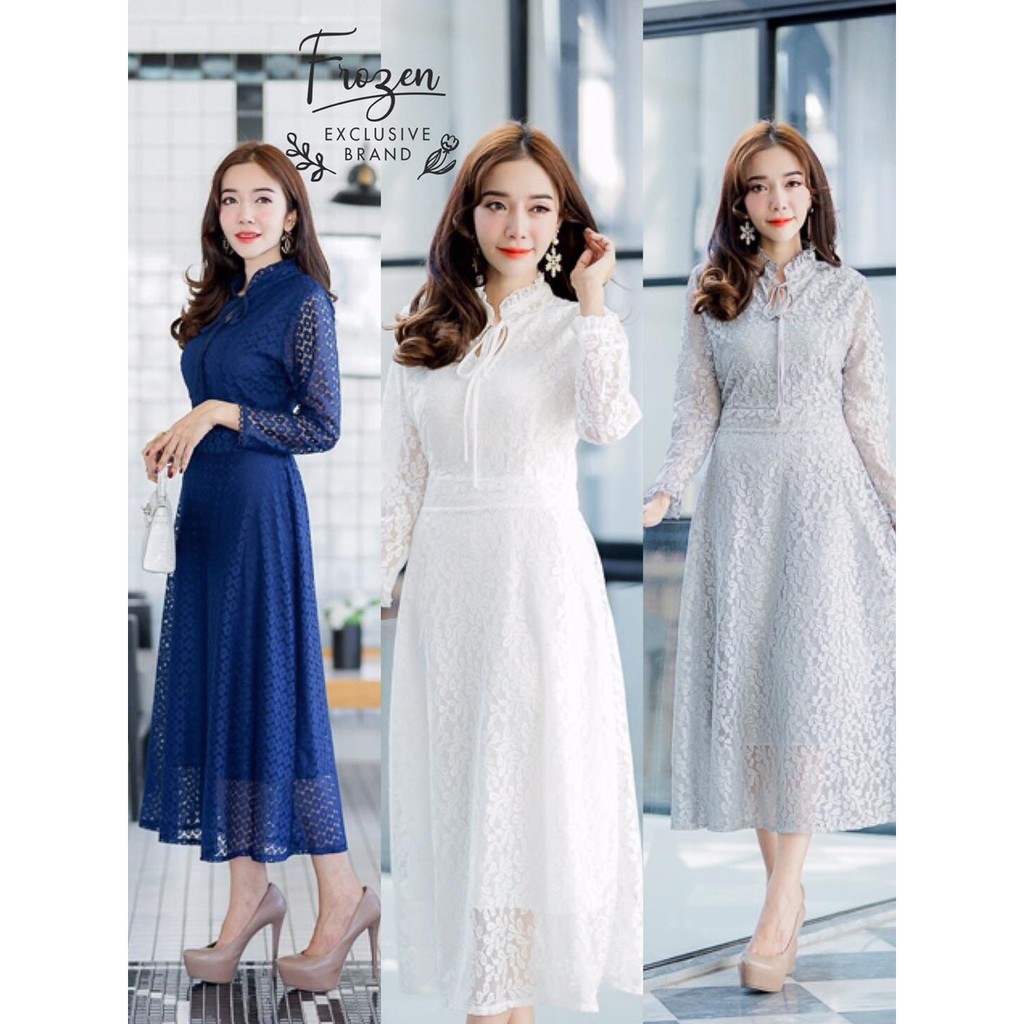 hbstation.shop เสื้อผ้าผู้หญิง เดรสสีขาว ไปงานบุญ งานบวช บวชนาค ชุดลูกไม้ออกงาน สีกรม ขาว เทา พร้อมส