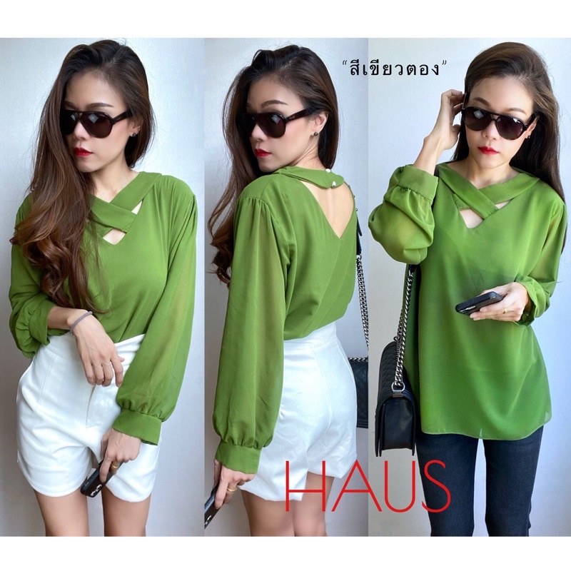 เสื้อแขนยาวชีฟองทรงคอวีแต่งคอแถบกากบาท freesize ใส่ได้ถึงอก 46” พร้อมเปิดคอวีด้านหลัง และแถบคอด้านหลังติดกระดุม2เม็ด