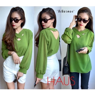 เสื้อแขนยาวชีฟองทรงคอวีแต่งคอแถบกากบาท freesize ใส่ได้ถึงอก …