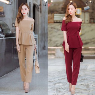 Chalida Set เสื้อปาดไหล่+กางเกงขายาวชนช๊อป ตัวนี้เนื้อผ้าดี ใส่สบาย ทรงสวยค่า
