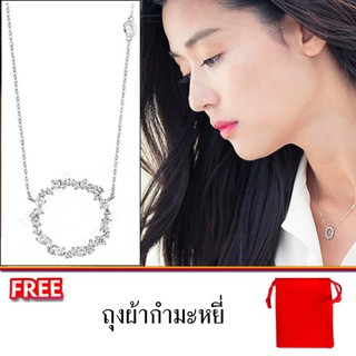 NuChon Jewel  Flower Round Silver Necklaces เครื่องประดับ สร้อยคอแฟชั่นพร้อมจี้ ถมฟรี ถุงผ้ากำมะหยี่สีแดง