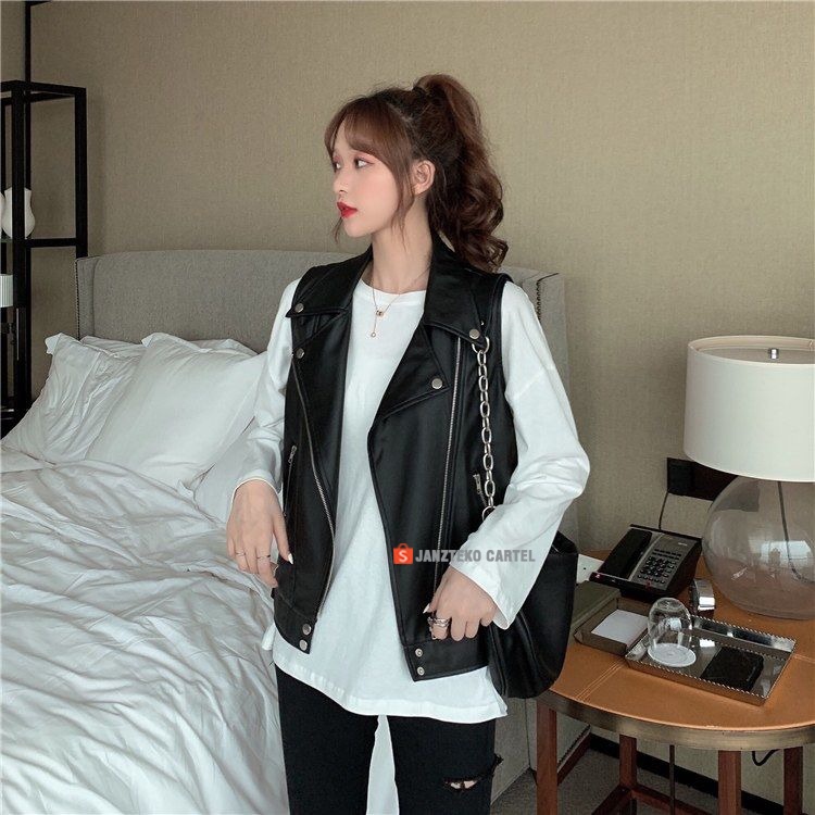JNK x ROSE - สตรี Slim Fit Biker เสื้อกั๊กกึ่งสังเคราะห์หนังวัสดุ Viena Faux หนังสังเคราะห์พรีเมี่ยม