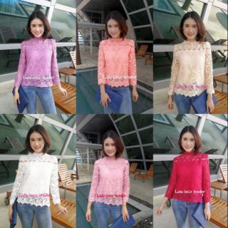 เสื้อลูกไม้คอปีนแขนยาว ทอลายดอกจำปี