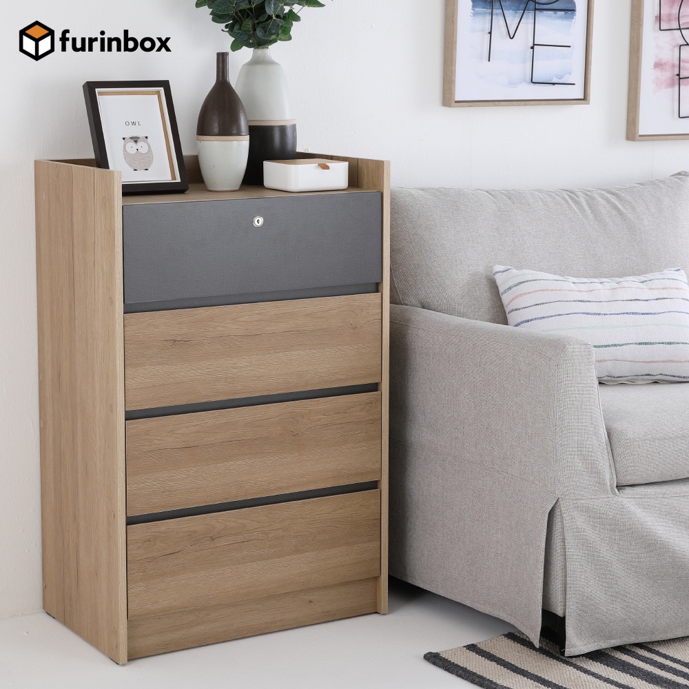 Furinbox ตู้ 4 ลิ้นชัก รุ่น MERINDA - (สีลายไม้ธรรมชาติ/เทาเข้ม)
