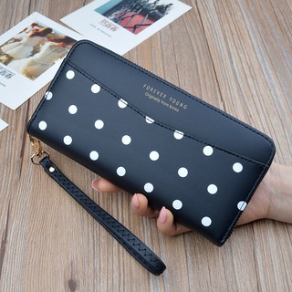 [B-116-L-สีดำ] กระเป๋าสตางค์ใบยาวซิปรอบ งานแท้ Forever Young รุ่นใหม่ล่าสุด ลายจุด Polka dot Polkadot