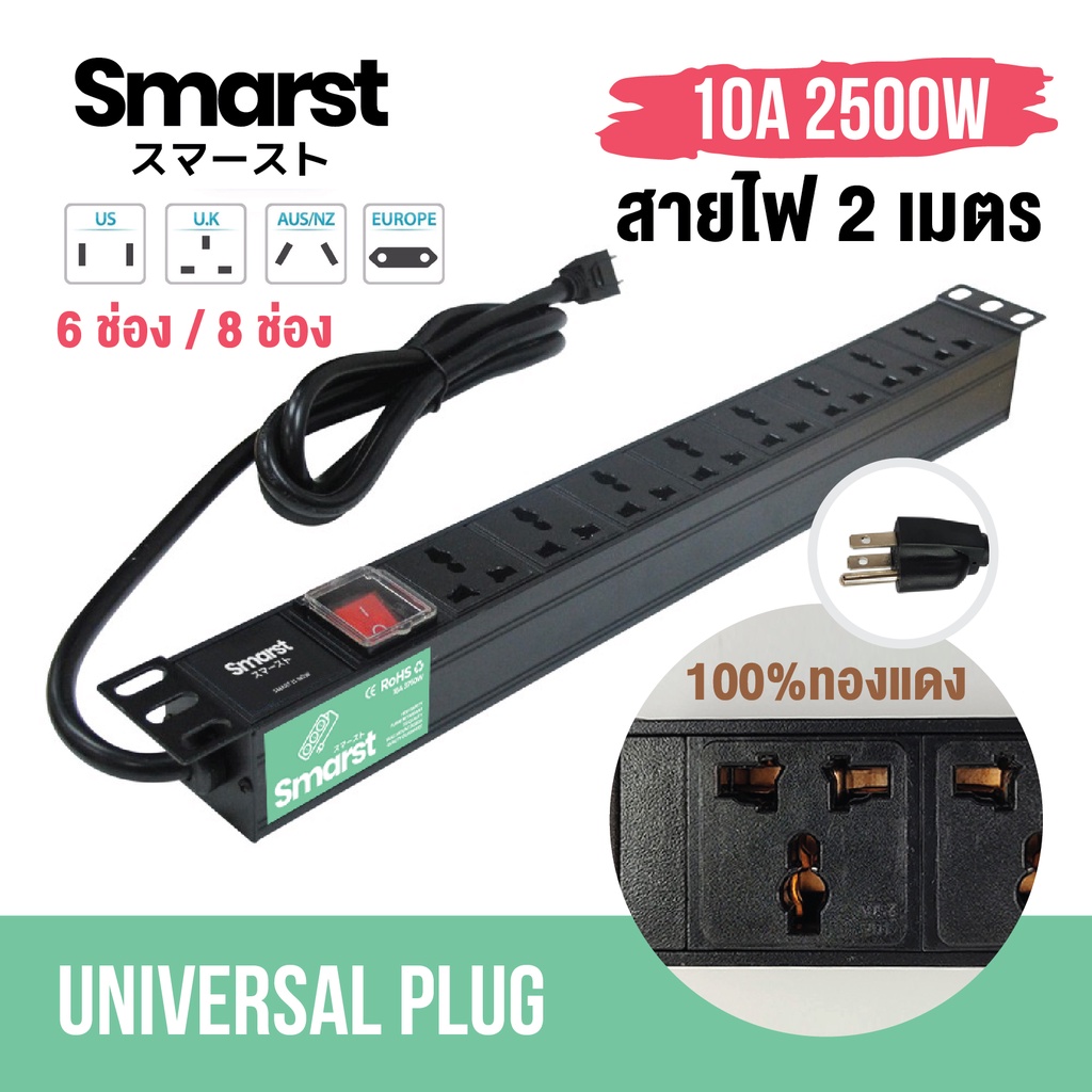 Smarst รางปลั้กพ่วงทองแดง รางอลูมิเนียมอัลลอย 6-12 ช่องเสียบ PDU