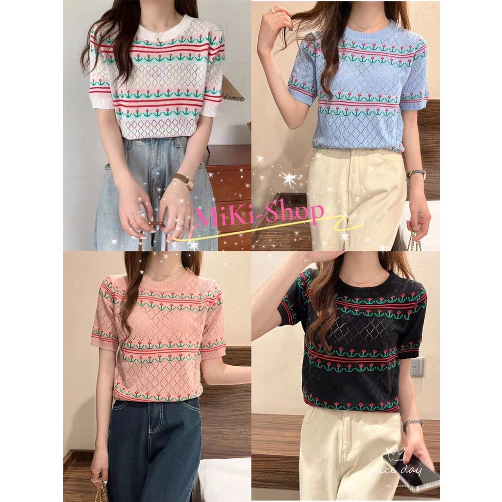 *Miki-Shop พร้อมส่ง*เสื้อไหมพรม แขนสั้น คอกลม พิมพ์ลายน่ารัก2216*