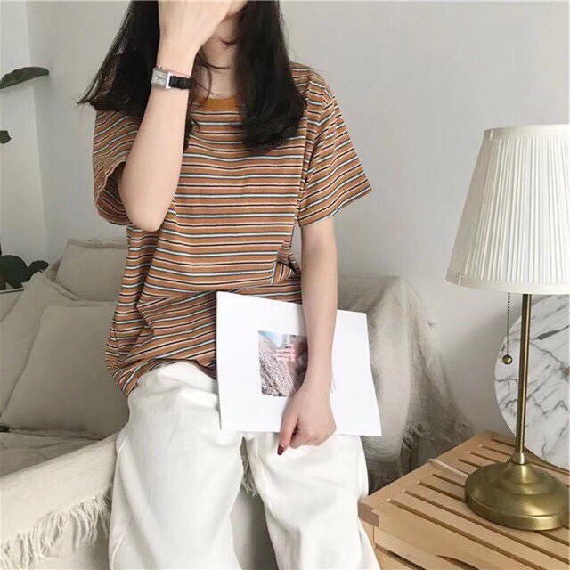 YUI เสื้อยืดคอกลมแขนสั้นพิมพ์ลายทางราคาพิเศษสไตล์วินเทจสำหรับหญิงเรียบๆแต่สวยใส่ชิวๆ#9304