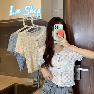 L.A Shop ​พร้อมส่ง เสื้อไหมพรมแขนสั้น ลายดอกไม้น่ารักทั้งๆดีเทลคอเสื้อลายลูกไม้ "67100"