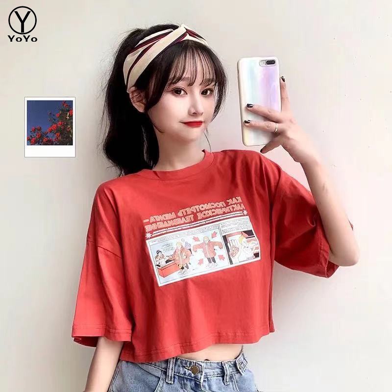 Yoyo เสื้อยืดผู้หญิงIns แขนสั้น สไตล์เกาหลี ลายการ์ตูน เอวลอย น่ารักใสๆ  รุ่นD066 | Shopee Thailand