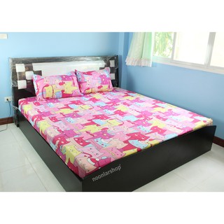 nna-0020 ผ้าปูที่นอน สีชมพูเข้ม ลวดลายแมวอินดี้ 6 ฟุต 5 ฟุต 3.5 ฟุต วินเทจ fit sheet