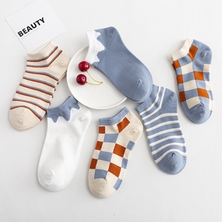 Blue Plaid Striped Low Cut Socks Women Cotton Harajuku Summer Best Cute Japanese Elastic Cozy Female Ankle Socks No Show Socks Fashion