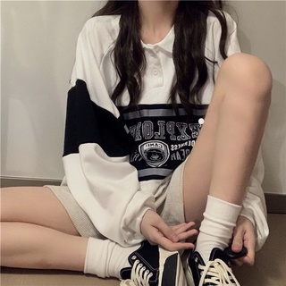 2021korean retro preppy youthful-looking loose casual fashion all-matching color matching polo collar sweater for w