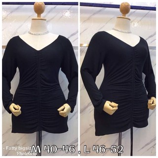 เสื้อผ้าคนอ้วน Minidress เเขนยาว ผ้าเรย่อน รูด ด้านหน้า