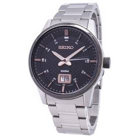 Seiko Big Date Quartz Men’s Watch รุ่น SUR285P1 ขอบตัวเรือนรมดำ - Silver/Black-PinkGold รับประกันศูนย์ SEIKO THAILAND 1ป