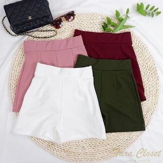 PW001 TARA Short pants กางเกงขาสั้น เอวสูง มีขอบเอว ตีเกร็ดหน้า ไม่มีกระเป๋าข้าง เนื้อผ้าวูลเวฟ ผ้ายืด ใส่สบาย