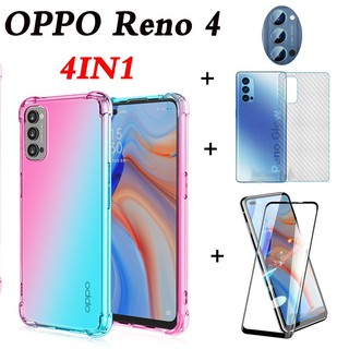 (4 in 1) For OPPO Reno 4 (4G)/Reno 4 Pro (4G)/Reno 4 (5G)/Reno 4 Pro (5G) ฟิล์มกระจกนิรภัย + ฟิล์มด้านหลังสำหรับ+ฟิล์มป้องกันเลนส์กล้อง+เคสโทรศัพท์
