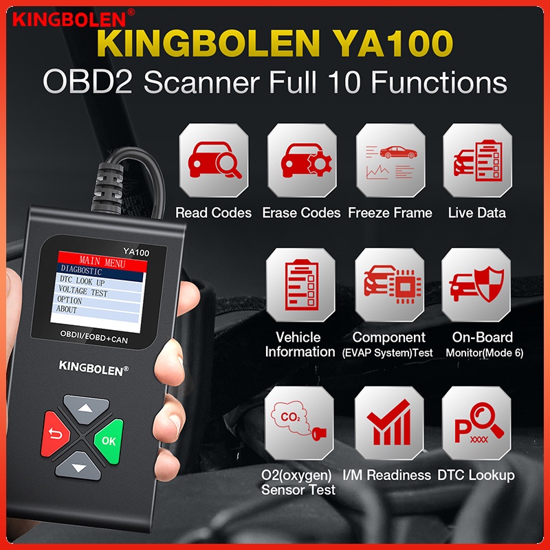 Kingbolen YA100 OBD2 เครื่องสแกนเนอร์วินิจฉัยรถยนต์ Obd Code Reader ตรวจสอบเครื่องยนต์ตลอดอายุการใช้งาน PK ELM327 LAUNCH 3001