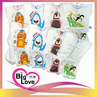 เสื้อผ้าเด็ก BigLove ชุดเสื้อผูกหลัง+กางเกงขาสั้น พื้นขาวลายการ์ตูน