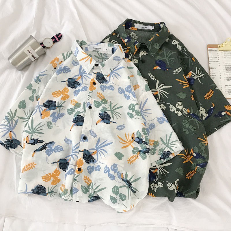 ⊙Thai flower shirt men s shortsleeved Hong Kong style retro Hawaiian beachwear halfsleeved