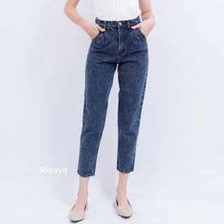 กางเกงยีนผู้หญิง S25"-XXL33" big sizeยีนส์เอวสูง ทรงบอยหน้าเอวจีบ Retro jeans #Risaya