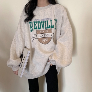 Korean Women Fashion Letter Print Hoodies Korean Loose Long Sleeve Plus Velvet Couple Sweater เสอื้ ไหมพรม