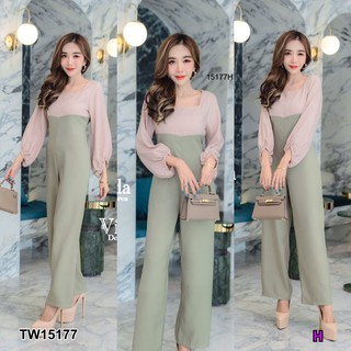 J15177 Jumpsuit จั้มสูทขายาวแขนพองสีทูโทน Long-sleeved jumpsuit, puffy sleeves, two-tone color