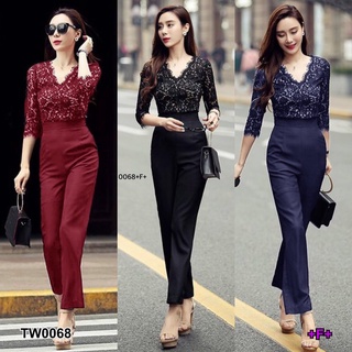 0068 Jumpsuit จั๊มสูทยาว ลูกไม้ คอวี Long jumpsuit with lace v-neck