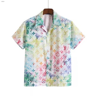 ใหม่เสื้อเชิ้ตสําหรับผู้ชายแขนสั้นพิมพ์ลาย Monogram ทรงหลวมขนาดพลัส