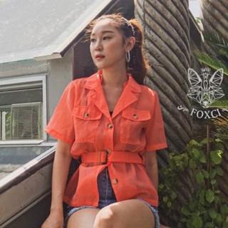 KOREAN TOP เซ็ตเสื้อผ้าโปร่งกระเป๋าหน้ามีเข็มขัด+สายเดี่ยวซับใน