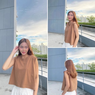 💕เสื้อครอป แขนกุด ผู้หญิง สีน้ำตาลช็อกโกแลต 💥 งานไทย...พร้อมส่ง