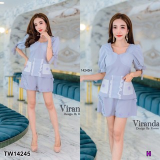 TW14245 Set 2 ชิ้น เสื้อแขนพองผูกโบว์ อกมีฟองน้ำ เนื้อผ้าซาร่า ลายสก๊อตสลับสี กระเป๋าหน้า + กางเกงขาสั้นแต่งระบาย ติดดอก